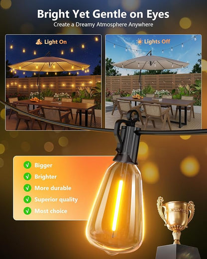 Brightown 151FT Solar String Lights Outdoor Waterproof with Remote, 48+2 LED Shatterproof Bulbs, Dimmable & Timable, 3 Light Modes - Commercial Grade Patio Lights for Garden Backyard Party Decor