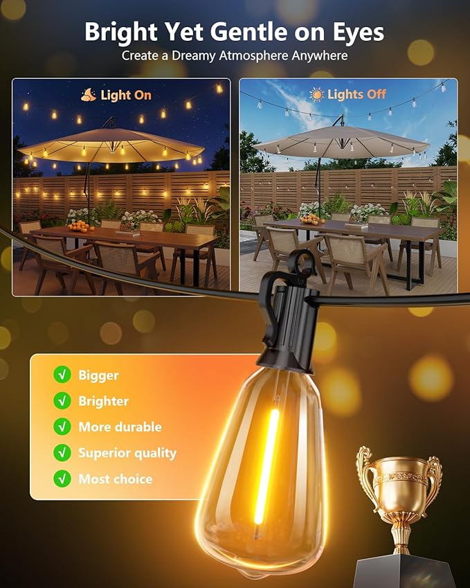 Brightown 202FT Solar String Lights Outdoor Waterproof with Remote, 65+2 LED Shatterproof Bulbs, Dimmable & Timable, 3 Light Modes - Commercial Grade Patio Lights for Garden Backyard Party Decor