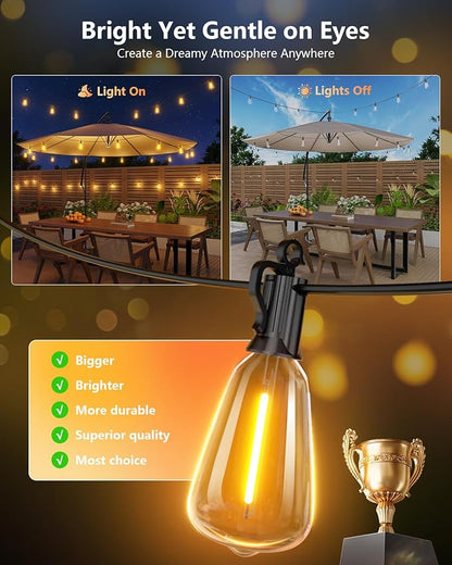 Brightown 202FT Solar String Lights Outdoor Waterproof with Remote, 65+2 LED Shatterproof Bulbs, Dimmable & Timable, 3 Light Modes - Commercial Grade Patio Lights for Garden Backyard Party Decor