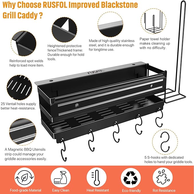 3-in-1 Stainless Steel Griddle Caddy with Magnetic BBQ Utensil Strip and Paper Towel Holder for 28"/36" Blackstone Griddles,Space Saving BBQ Accessories Storage Box,Easy install&Free from Drill