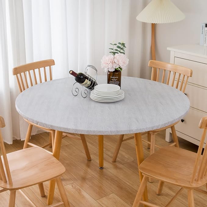 LIBERECOO Round Vinyl Fitted Tablecloth with Flannel Backing Elastic Edge Table Cover Waterproof Stain-Resistant Wipeable Tablecloths Fits 57-65" Round Tables