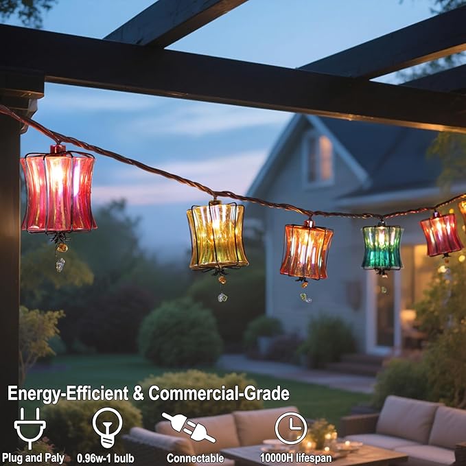 Outdoor String Lights Plug in with 10 Incandescent Bulbs, Multicolor Patio Lights Connectable Weatherproof Decorative Lantern String Lights for Gazebo Porch Bedroom Cottagecore Decor