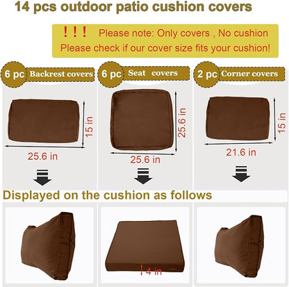 14 Piece Outdoor Patio Cushion Cover Replacement, Waterproof Patio Cushion Covers, Outdoor Furniture Cushion Covers Set for 6 Seat Wicker Rattan Sofa (Coffee)