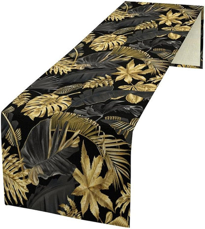 Golden Leaves Table Runner Jungle Black Tropical Plam Tree Retro Boho Hawaii Botanical Plant Spring Summer Seasonal Dinner Runner for Farmhouse Kitchen Dining Home Holiday Party 13x70in