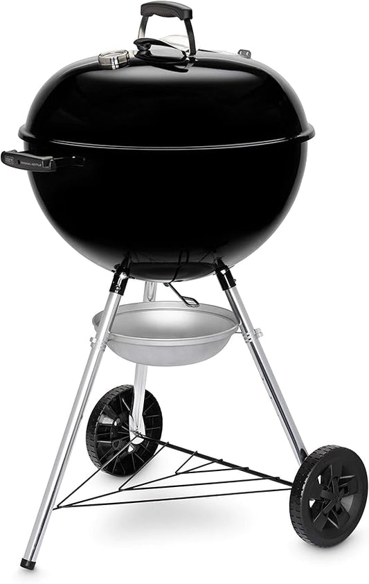 Weber Original Kettle E-5710 Charcoal Barbecue/Porcelain-Enamelled Lid & Bowl, 57 cm Cooking Surface, One-Touch Cleaning System, Lid Thermometer, Tripod Stand and Wheels, Black