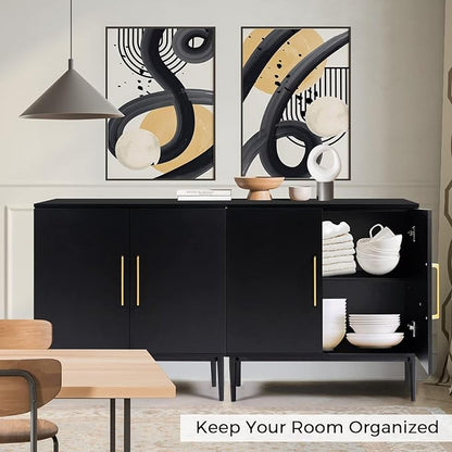Set of 2 Storage Cabinet with Doors, Modern Black Accent Cabinet, Free Standing Cabinet, Wooden Buffet Sideboards for Living Room, Kitchen, Home Office