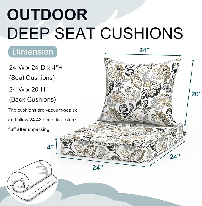 DYTXIII Outdoor Deep Seat Cushion Set, Water Repellent 24"x24" Patio Thick Cushions Replacement with Seat & Back Pillow for Patio Sofa, Wicker Chair, Couch - Dailey Tan