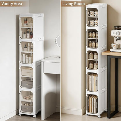 LXLXXL 5-Tier Narrow Storage Cabinet Slim Bathroom Storage Cabinet with Movable Wheels Tall Bathroom Organizer Skinny Cabinet for Small Spaces, White