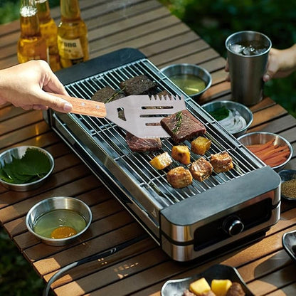 Artisanal Wood-Handled BBQ Set - Robust Stainless Steel Spatula, Fork & Tongs | Stylish Family Gathering Outdoor Camping Grill Tools