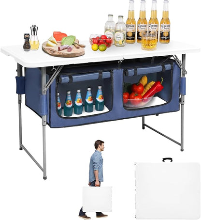 Camp Field 4ft Foldable Camping Table with Built-in Storage Organizer, Adjustable Height Heavy Duty Portable Camp Kitchen Table, Multi-Purpose Folding Table for BBQ, Tailgate, Beach, Camping...
