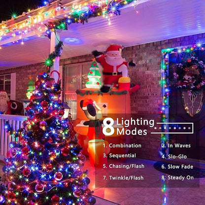 JMEXSUSS 200 LED Multicolor Christmas Lights, 66ft String Lights Plug in | Connectable, Waterproof, 8 Modes, indoor Outdoor Use, Green Wire Tree Lights for Christmas, Porch, Fence, House Decorations