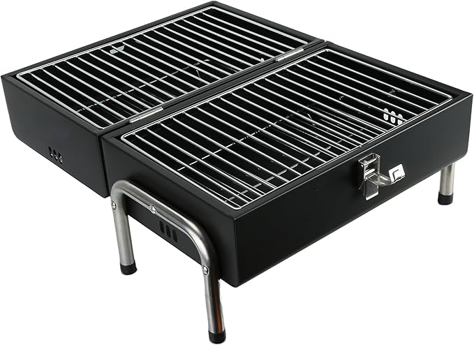 Portable Charcoal Grill with Heat Resistant Mat, 2 IN 1 Double-Sided Tabletop Small BBQ Grill for Backyard Party Outdoor Camping Beach BBQ, Easy Assembly, Heavy Duty, Black (270 Sq.In)