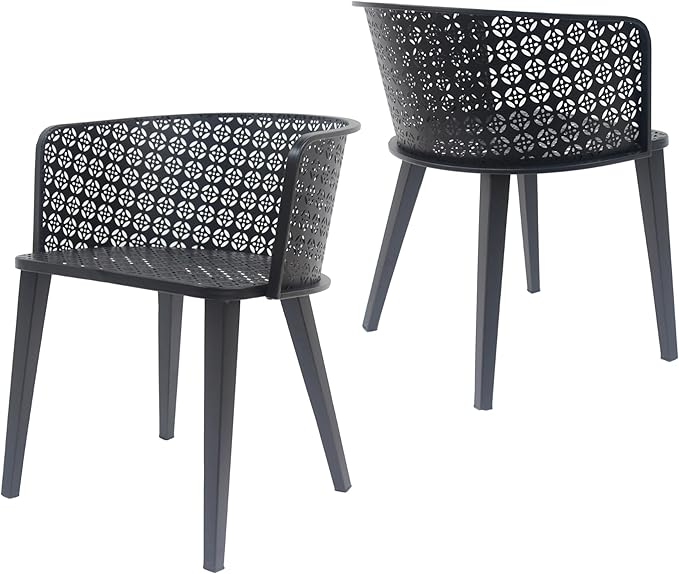 Christopher Knight Home Set of 2 Rivera Patio Iron Frame Dining Chairs, Geometric-Carved Pattern Round Backrest, Armchair for Kitchen, Restaurant, Garden, Balcony, Porch, Backyard, Poolside, Black