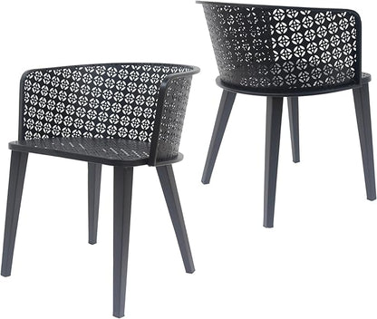 Christopher Knight Home Set of 2 Rivera Patio Iron Frame Dining Chairs, Geometric-Carved Pattern Round Backrest, Armchair for Kitchen, Restaurant, Garden, Balcony, Porch, Backyard, Poolside, Black