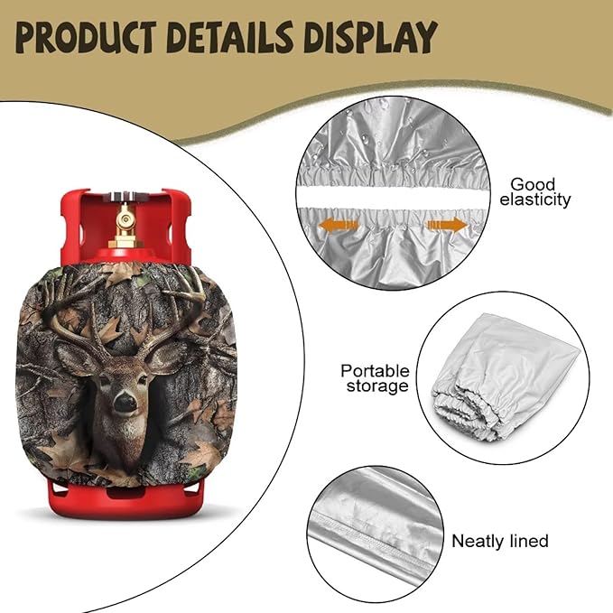 Propane Tank Covers 20lb Camo Deer Outdoor Heavy Duty Windproof Gas Tank Cylinder Cover with Elastic Brand Dress up Your Gas Grill, Fits Standard 20lb Cylinder