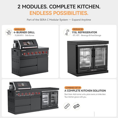 SERA C 4-Burner Propane Modular Outdoor Kitchen with Fridge Black | Black 304 stainless steel, 75,300 BTU + side burner, 68L fridge 0-10°C, soft-close, locking casters, compact patio backyard