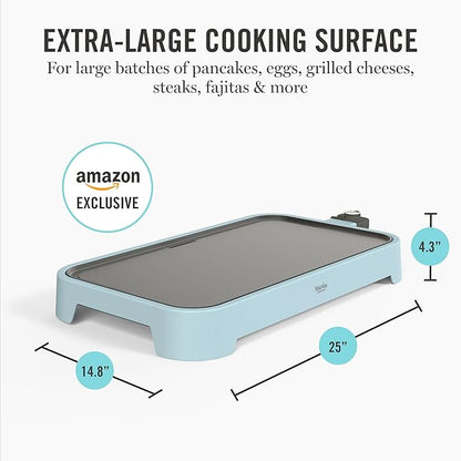 Martha Stewart 12” x 22” Electric Griddle, XL Ceramic Nonstick Flat Top Cooking Surface, Adjustable Temperature Dial, Drip Tray, Dishwasher Safe, 1500W Fast Even Heating, Pancakes & Eggs, Sky Blue