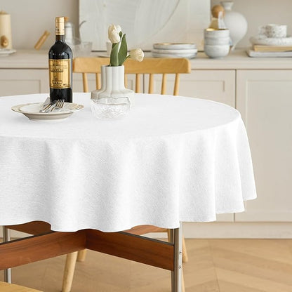 Decorelia White Faux Linen Round Tablecloths 60 inch, Waterproof Decorative Washable Texture Rustic Circle Table Cloth Cover for Dining Kitchen Party Farmhouse Outdoor (Round (2-4 Seats),White)