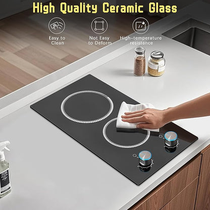 2 Burner Electric Cooktop, 12 Inch Electric Stove Top, 120V Stove Top Burner Knob Control, 2000W Countertop Stove with Timer, 9 Heating Levels, Overheat Protection, High-Temp Alarm Pladeca