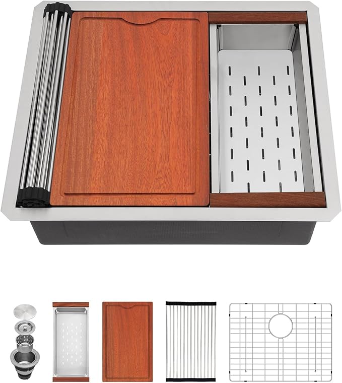 23x19 Inch Kitchen Sink Undermount Small Wet Bar Sink Workstation 16 Gauge 304 Stainless Steel Handmade Contemporary Ledge Single Bowl Deep Sink
