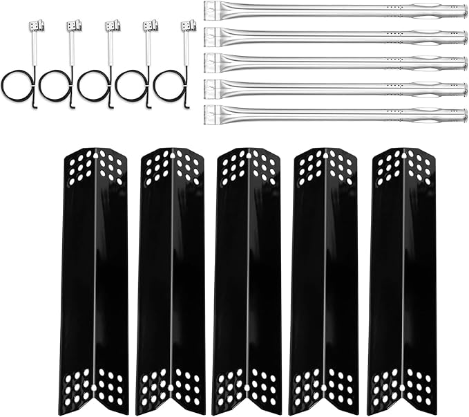 Hisencn Burner Tube and Heat Plate for Expert 5 Burner Grill 720-0968C | 5-pack stainless steel straight tube + porcelain heat tent shield replacement parts for expert grill 5 burner