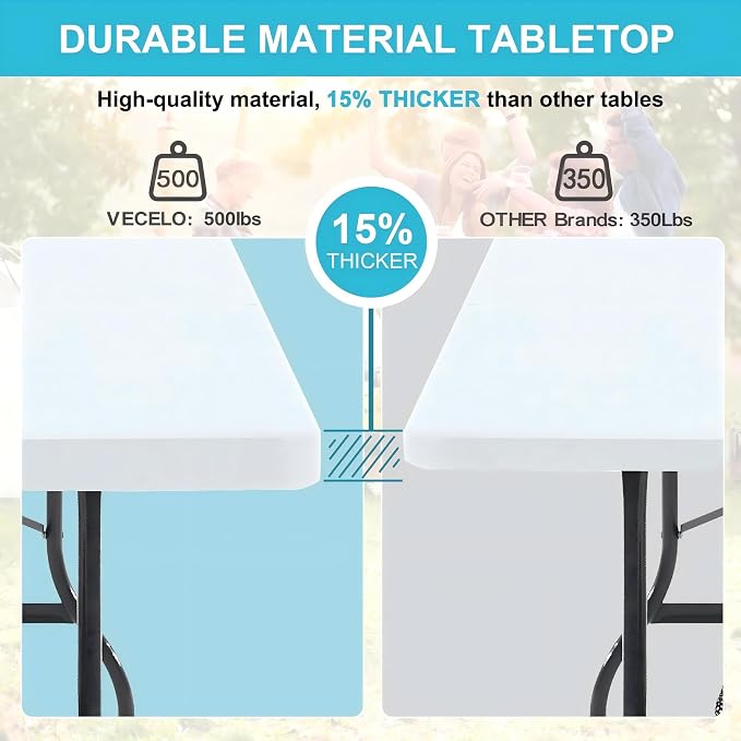 VECELO 6 ft Picini Table with Thickened Top | Removable Mesh Bag | Strong Side Support, 500lbs Weight Capacity Folding Table, Indoor & Outdoor, with Carrying Handle,White