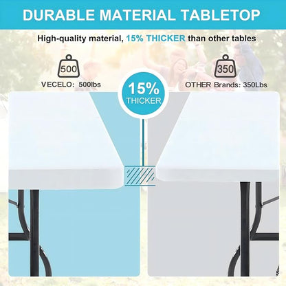 VECELO 6 ft Picini Table with Thickened Top | Removable Mesh Bag | Strong Side Support, 500lbs Weight Capacity Folding Table, Indoor & Outdoor, with Carrying Handle,White