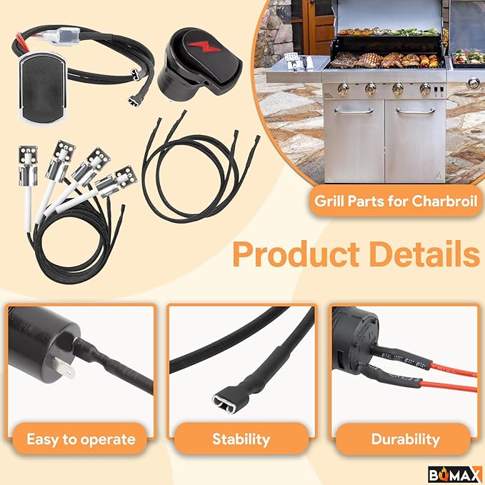 BQMAX 5 Outlets Ignition for Charbroil Grill Igniter Replacement, G511-0055-W1 Electronic Ignition Module and 2 Push Grill Igniters Button with Wires for Charbroil Surefire Ignition Systems