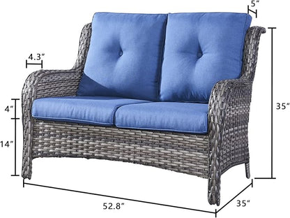 Rilyson Luxury Patio Outdoor Wicker Loveseat 500 Lbs Weight Capacity, Rattan Outdoor 2 seat Sofa Wicker with Deep Seating and Replaceable Cushions for Outside Porch Deck Balcony (Mixed Grey/Blue)