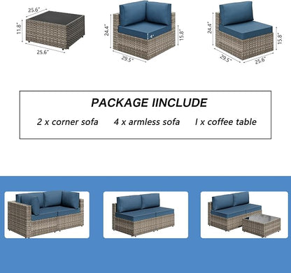 7 Piece Outdoor Patio Furniture Set,Natural PE Rattan Wicker Sectional Sofa, All Weather Conversation Set with Washable Cushions & Glass Coffee Table for Backyard Poolside Garden Porch,Navy Blue