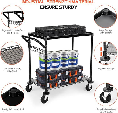 680Lbs Capacity Heavy Duty Rolling Utility Cart,2 Tier Rolling Carts with Wheels,Commercial Grade Metal Cart with Handle Bar & Shelf Liner,Trolley Serving Cart for Restaurant,Kitchen,Black