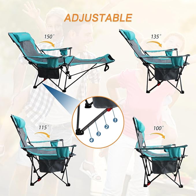 Reclining Camping Chair with Removable Footrest Lounge Chair with Headrest, Cotton Cushion, Portable Adjustable Folding Chairs