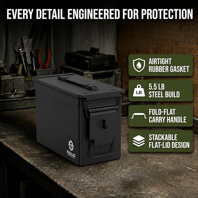 Lockable Metal Ammo Storage Box - Military & Army Steel Ammo Can for Ammunition Storage - Waterproof Ammo Crate Utility Box