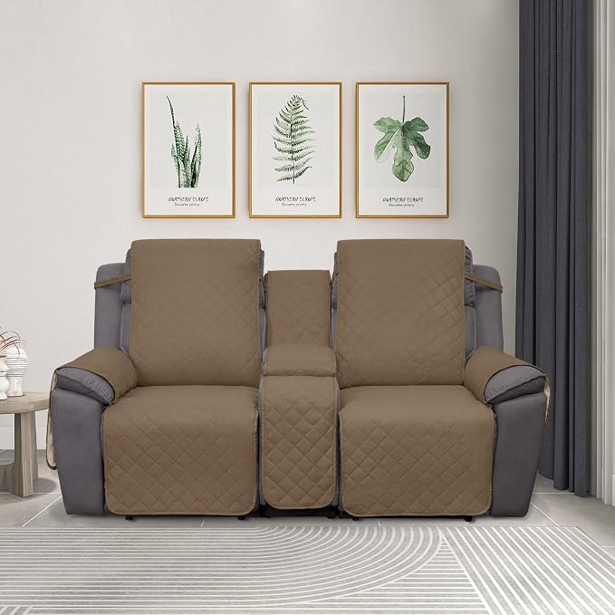 PureFit Water Resistant Reversible Loveseat Recliner Cover for Double | Double with Console, Non Slip Split Sofa Cover, Washable Reclining Cover, Camel/Ivory