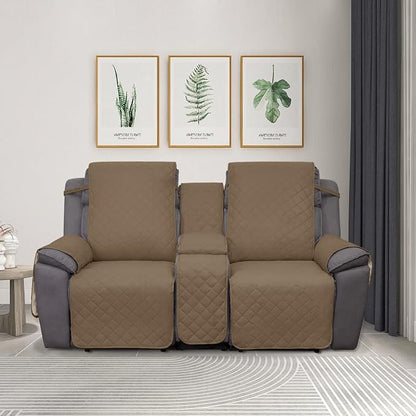 PureFit Water Resistant Reversible Loveseat Recliner Cover for Double | Double with Console, Non Slip Split Sofa Cover, Washable Reclining Cover, Camel/Ivory