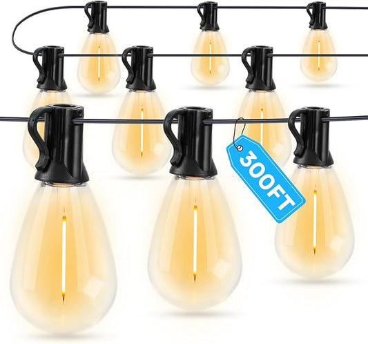 GvvooHome LED Outdoor String Lights, 300FT Waterproof Patio Lights with 92 Shatterproof S11 Plastic Bulbs, 2700K Warm White Edison Hanging Lights for Backyard, Garden, Porch, Bistro