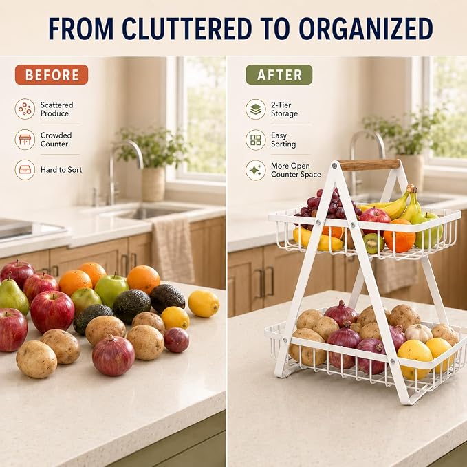 mahueeol 2-Tier Countertop Fruit Basket with Wooden Handle, Detachable | Detachable metal baskets with wooden handle for fruits, vegetables, bread and snacks in kitchens, pantries or dining rooms