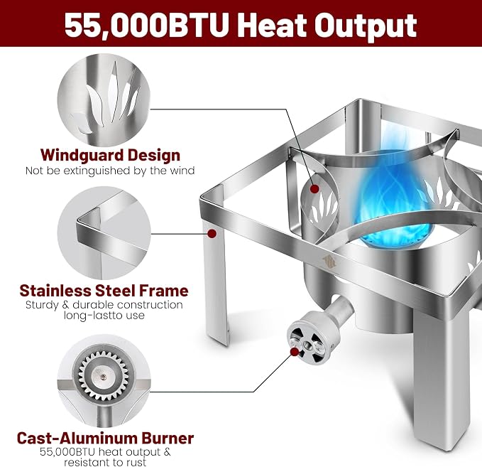 Propane Burner 55,000BTU Stainless Steel Single Burner Propane Stove 12.5"(W) x8"(H) All Welded Camping Stove Gas Burner for Outdoor Cooking,Great for Turkey Fry,Crawfish Boil,Homebrewing