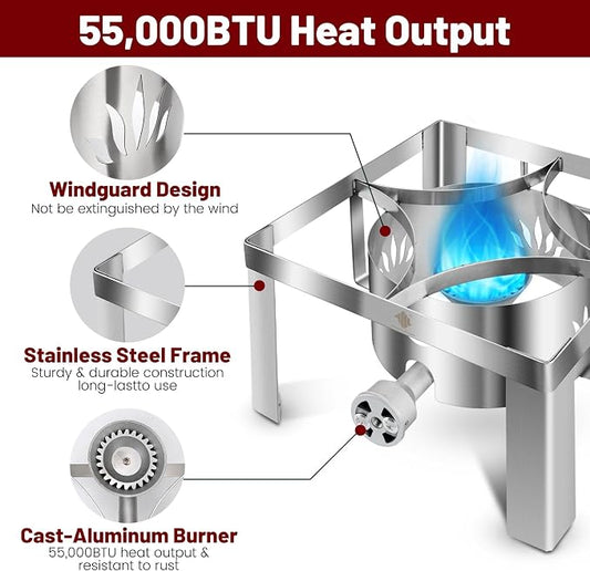 Propane Burner 55,000BTU Stainless Steel Single Burner Propane Stove 12.5"(W) x8"(H) All Welded Camping Stove Gas Burner for Outdoor Cooking,Great for Turkey Fry,Crawfish Boil,Homebrewing