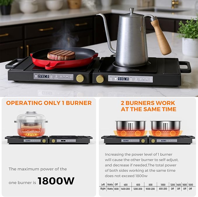 Double Induction Cooktop, 1800W Portable Dual Burner with 8 Power Levels, Sensor Touch Control & 99-Min Timer, Fold-n-Store Design for RV, Small Kitchen & Outdoor Cooking (gray-black)