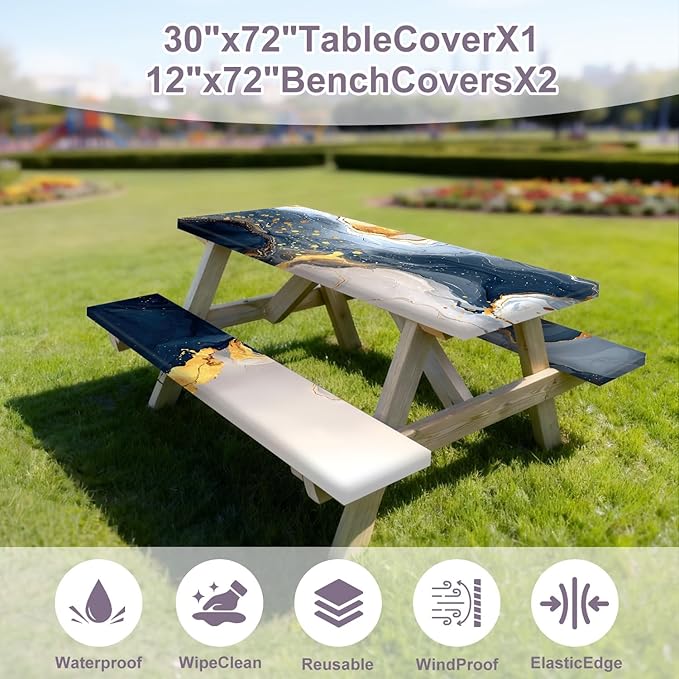 Marble Picnic Table Cover with Table Cover, Outdoor Picnic Table Elastic Tablecloth, Blue and Gold Abstract Design, Camping, Barbecue and Terrace Dining Tablecloth