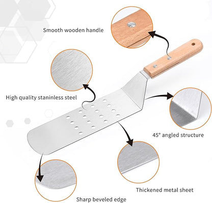 Griddle Spatula Set of 3, Stainless Steel Metal Spatulas for Flat Top Grill, BBQ Turner Set with Wooden Handles, Solid & Slotted Pancake Flippers for Smash Burgers, Fish, Teppanyaki and Cast Iron