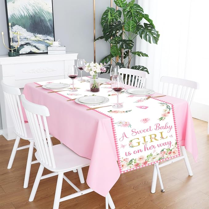 A Sweet Baby Girl is On Her Way Table Runner, Pink Linen Fabric Table Runner for Everyday Use 72 x 13 Inches, Washable Table Cover for Baby Shower Indoor Outdoor Kitchen Dining Table Decor