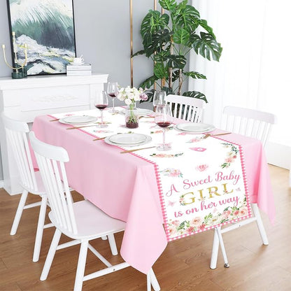 A Sweet Baby Girl is On Her Way Table Runner, Pink Linen Fabric Table Runner for Everyday Use 72 x 13 Inches, Washable Table Cover for Baby Shower Indoor Outdoor Kitchen Dining Table Decor
