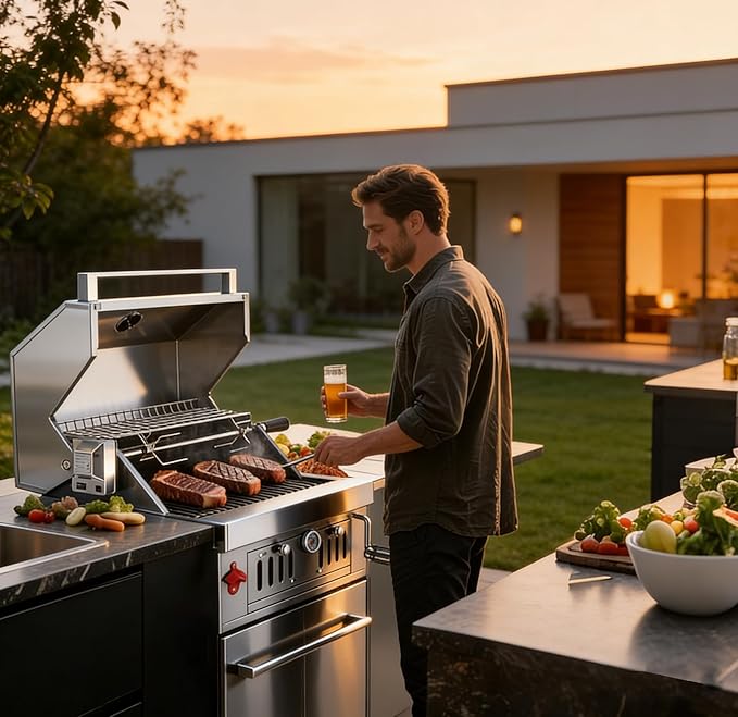 Large Built In Grill, Charcoal BBQ Grills with Liftable Tray, Visible Insulated Hood & Temp Gauge, Heavy-Duty Stainless Steel Barbecue Grill for Outdoor Kitchen Cooking Family Parties