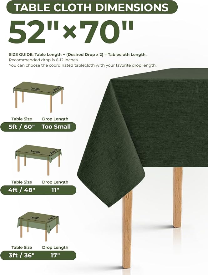 Decorelia Table Cloth for Rectangle Dining Table, Faux Linen Waterproof Texture Farmhouse Washable Rectangular Tablecloth Cover for Birthday, Party, Picnics, Wedding Decor(Dark Green, 52 x70 Inch)