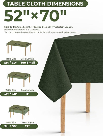 Decorelia Table Cloth for Rectangle Dining Table, Faux Linen Waterproof Texture Farmhouse Washable Rectangular Tablecloth Cover for Birthday, Party, Picnics, Wedding Decor(Dark Green, 52 x70 Inch)