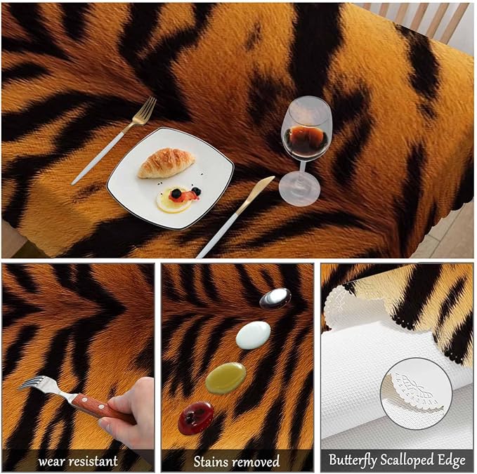Swono Tiger Print Table Covers 52x70 Inch Wildlife Tiger Skin Brown Black Wipeable Tablecloth Kitchen Dinning Tabletop Decoration, Table Cloth for Outdoor and Indoor Use