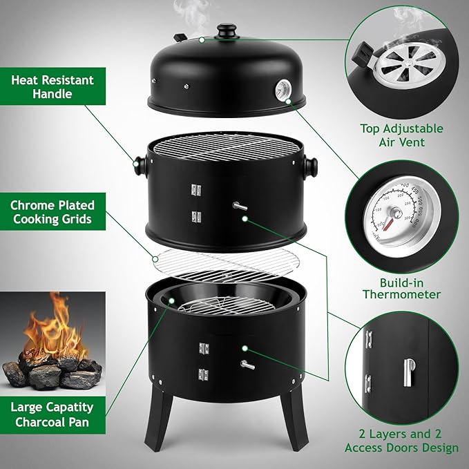 19 Inch Multi-Layer Charcoal BBQ Smoker, Heavy Duty Round Steel Smoking Grill with Thermometer for Outdoor Home Party