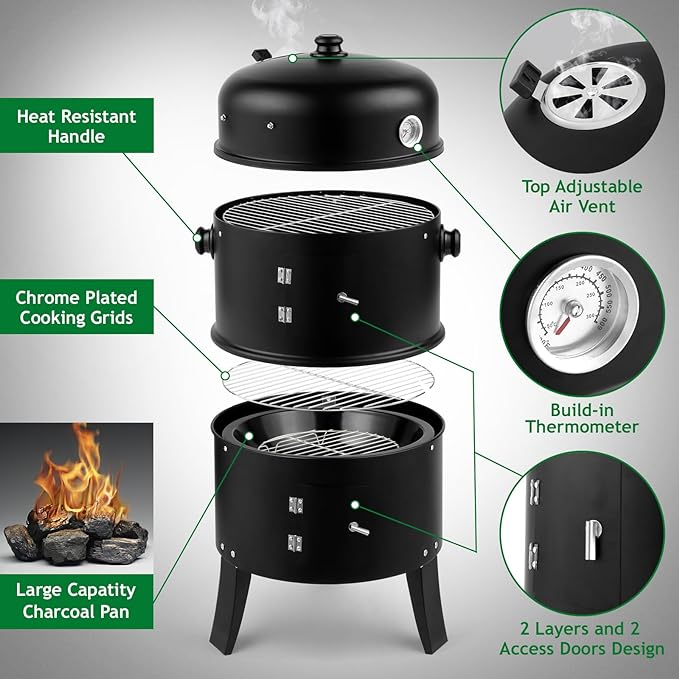 Vertical Steel Charcoal Smoker, Round BBQ Grill Vertical Charcoal BBQ Smoker, 3-in-1 Portable Outdoor Grill Cooker with Built-in Thermometer for Outdoor Cooking Backyard Grilling Camping Picnic